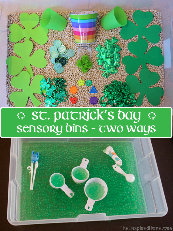 TheInspiredHome.org // St. Patrick's Day Sensory Bin: 2 Ways. One bin is full of dry shamrock items while the other is full of green water beads!