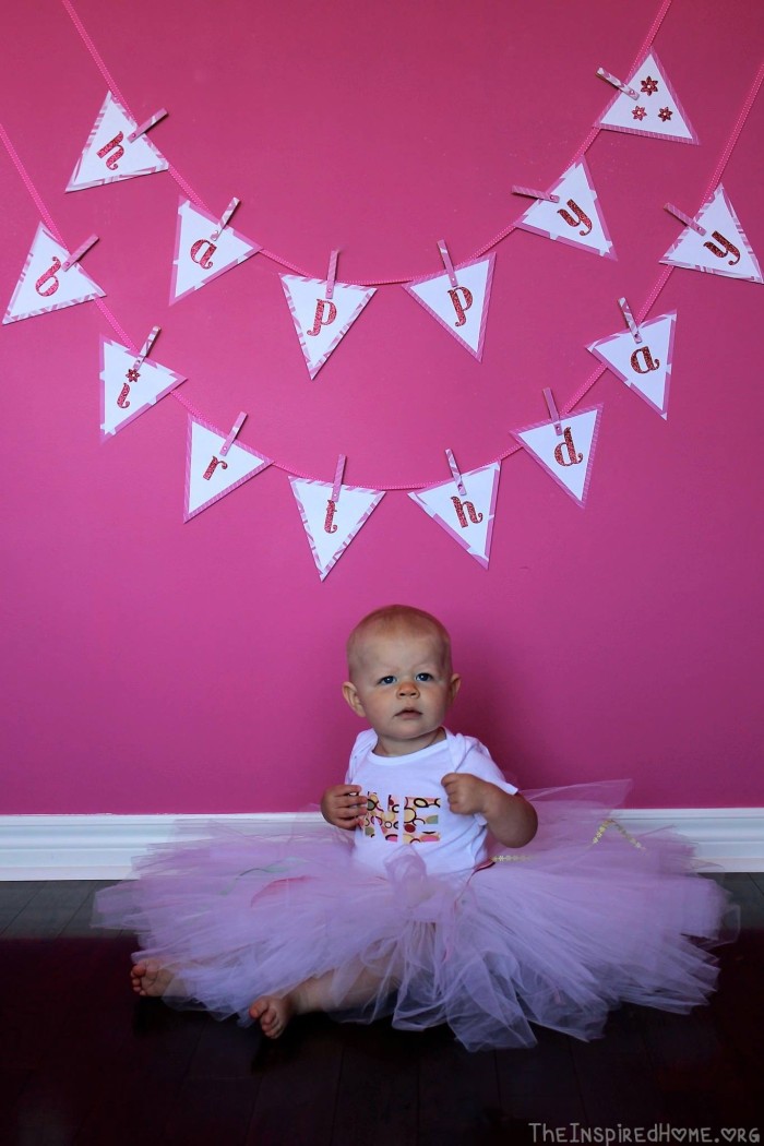 Happy Birthday Banner (click picture for tutorial). Tutu & onesie courtesy of Holly!