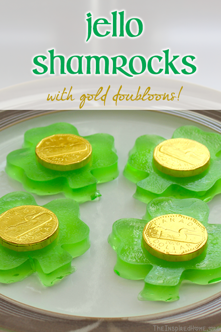 TheInspiredHome.org // St. Patricks Day Desserts Jello Shamrocks with gold doubloons - perfect for a St. Patrick's Day toddler or big kid snack!