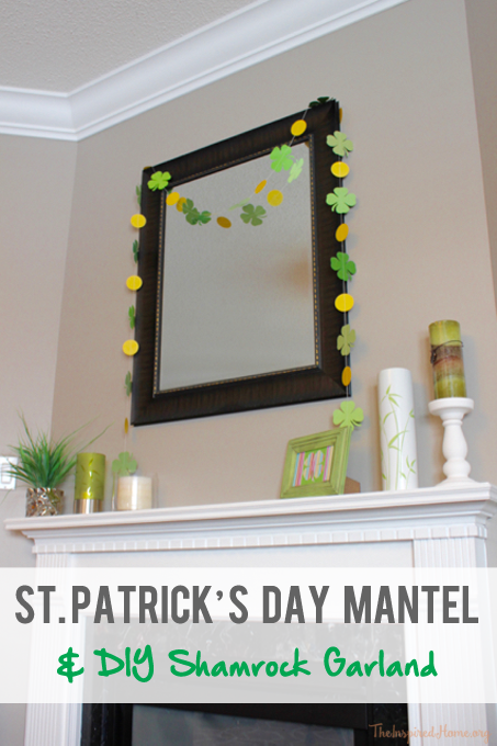 TheInspiredHome.org // Simple St. Patrick's Day fireplace mantel decorating ideas including a DIY paper shamrock garland.
