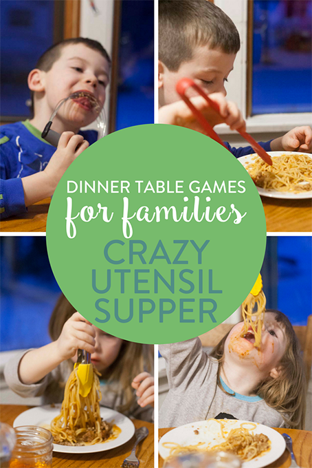 TheInspiredHome.org// Dinner Table Games for Families, Crazy Utensil Supper. Time to play with your food! We've got dinner table games for families to try. Make a fun filled messy crazy utensil supper with spaghetti.