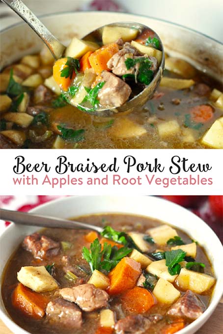 TheInspiredHome.org // A nostalgic pork stew recipe complete with beer braised pork, root vegetables and apples for an easy weeknight dinner. The pork really melts in your mouth!