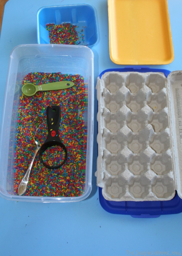 Montessori Monday: Rainbow Rice: 20 Recycled or Thrift Store Items for your sensory bin