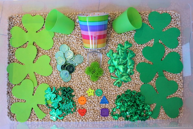 Fill your sensory bin for St. Patrick's Day with a variety of green & rainbow items. From TheInspiredHome.org