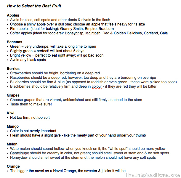 TheInspiredHome.org // Download a free printable PDF listing tips and tricks for selecting the best fruit.