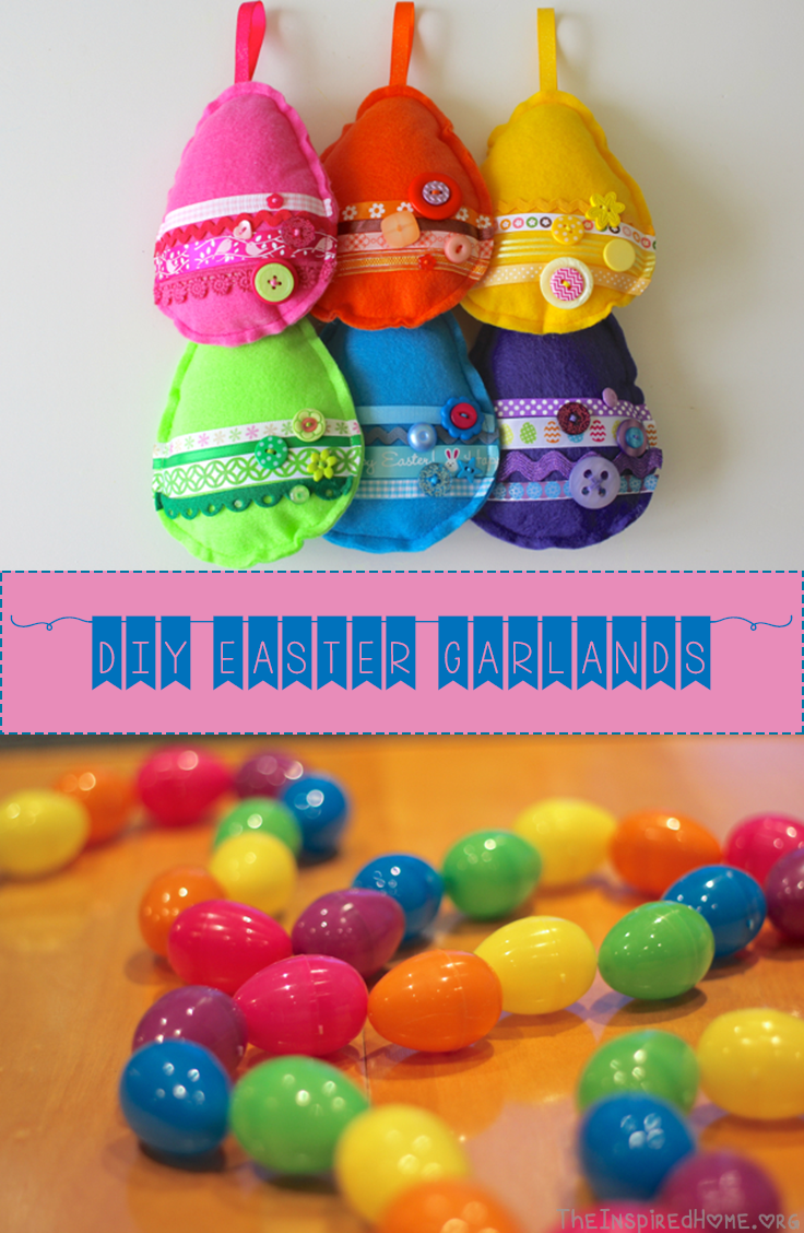 TheInspiredHome.org // Tutorials for DIY Easter Garlands featuring a simple strand of plastic easter eggs as well as a more in-depth felt egg garland