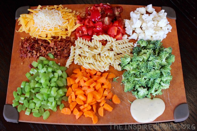 TheInspiredHome.org // Ranch Pasta Salad - a simple pasta salad using leftover vegetables, bacon, cheese and ranch dressing.