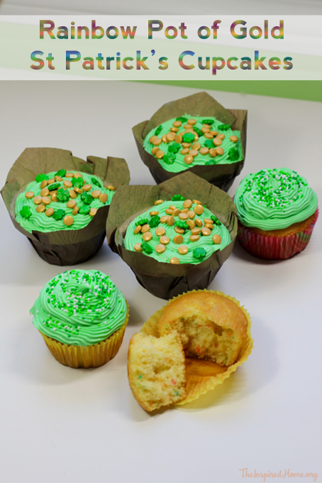 TheInspiredHome.org // St. Patricks Day Cupcakes: Rainbow Pot of Gold - a simple recipe straight from the box. Perfect to make with toddlers & older kids.