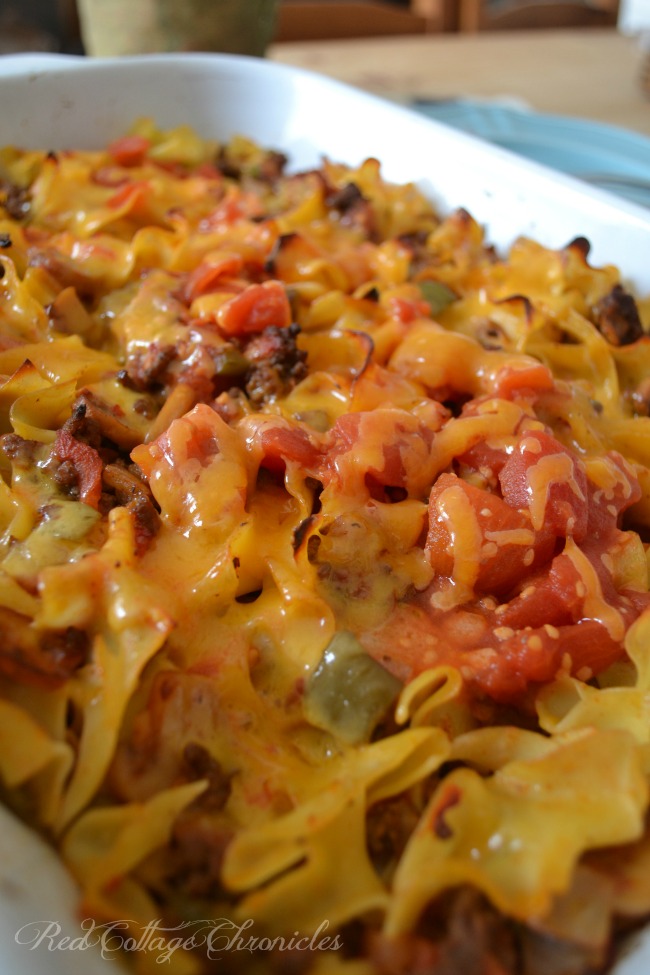 A hearty cheeseburger casserole with no-yolk egg noodles
